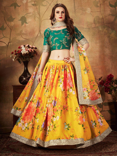 Yellow-Green Floral Digital Printed Organza Bridal Lehenga Choli